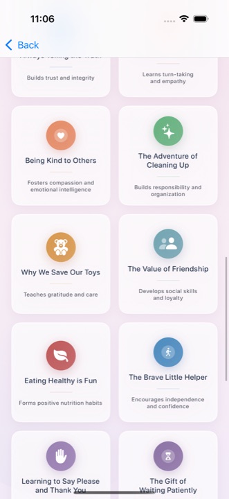 Life lessons selection panel with bedtime lesson categories