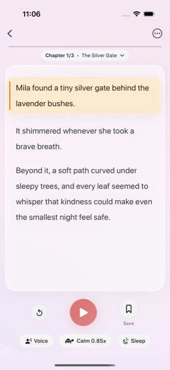 Story reader with narration controls and progress indicator